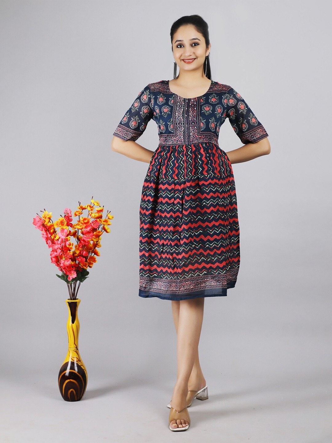 

CHRISTEENA Ethnic Motifs Printed Pure Cotton Fit & Flare Dress, Navy blue