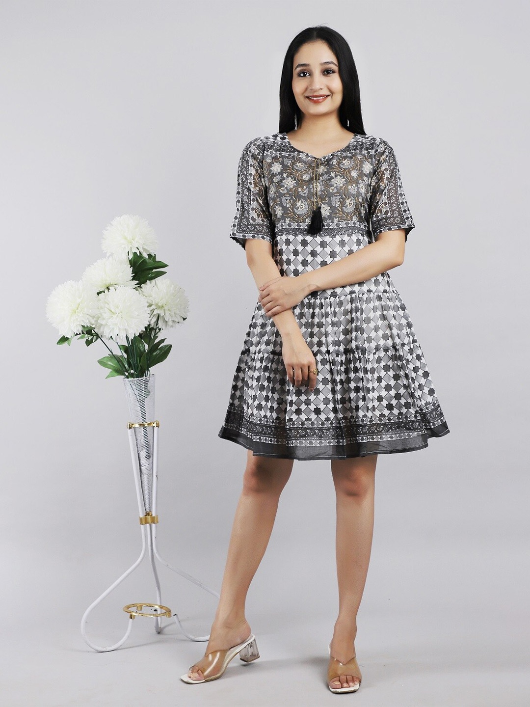 

CHRISTEENA Floral Printed Tie-Up Neck Fit & Flare Cotton Tiered Dress, White