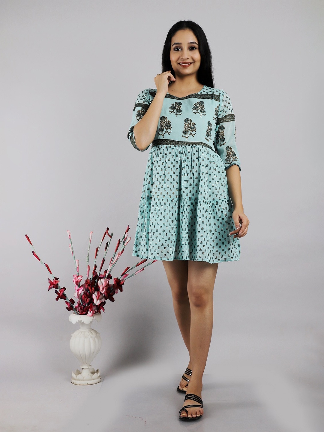 

CHRISTEENA Floral Printed Fit & Flare Cotton Dress, Teal