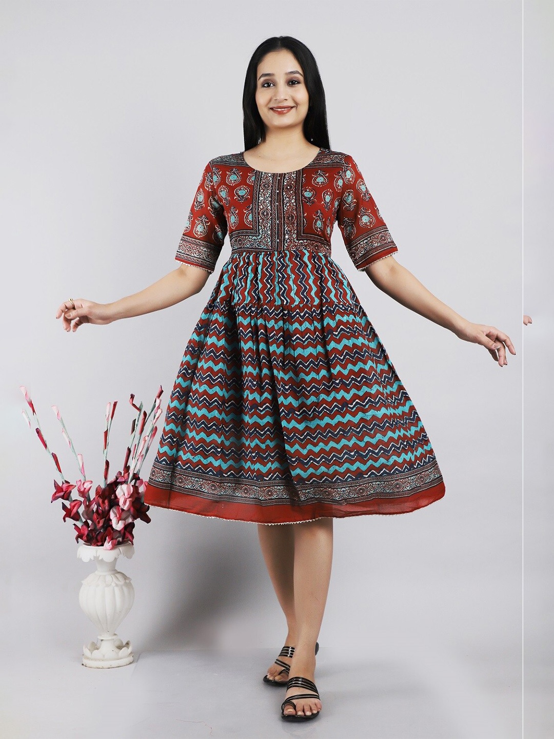 

CHRISTEENA Ethnic Motifs Printed Fit & Flare Cotton Dress, Red