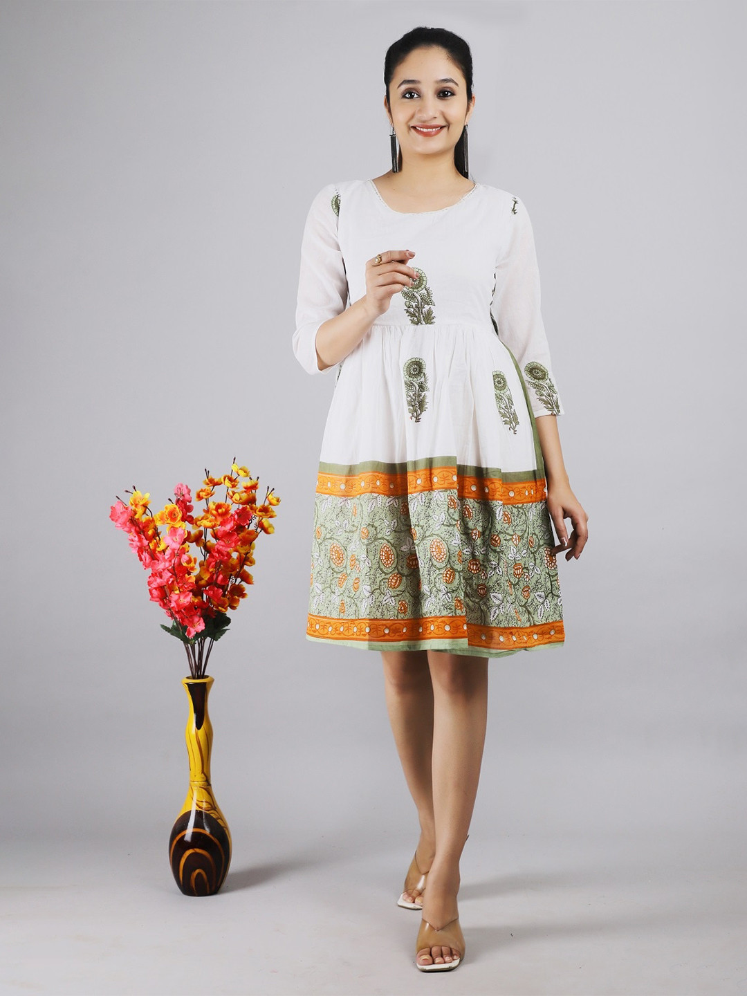 

CHRISTEENA Ethnic Motifs Printed Fit & Flare Cotton Dress, White