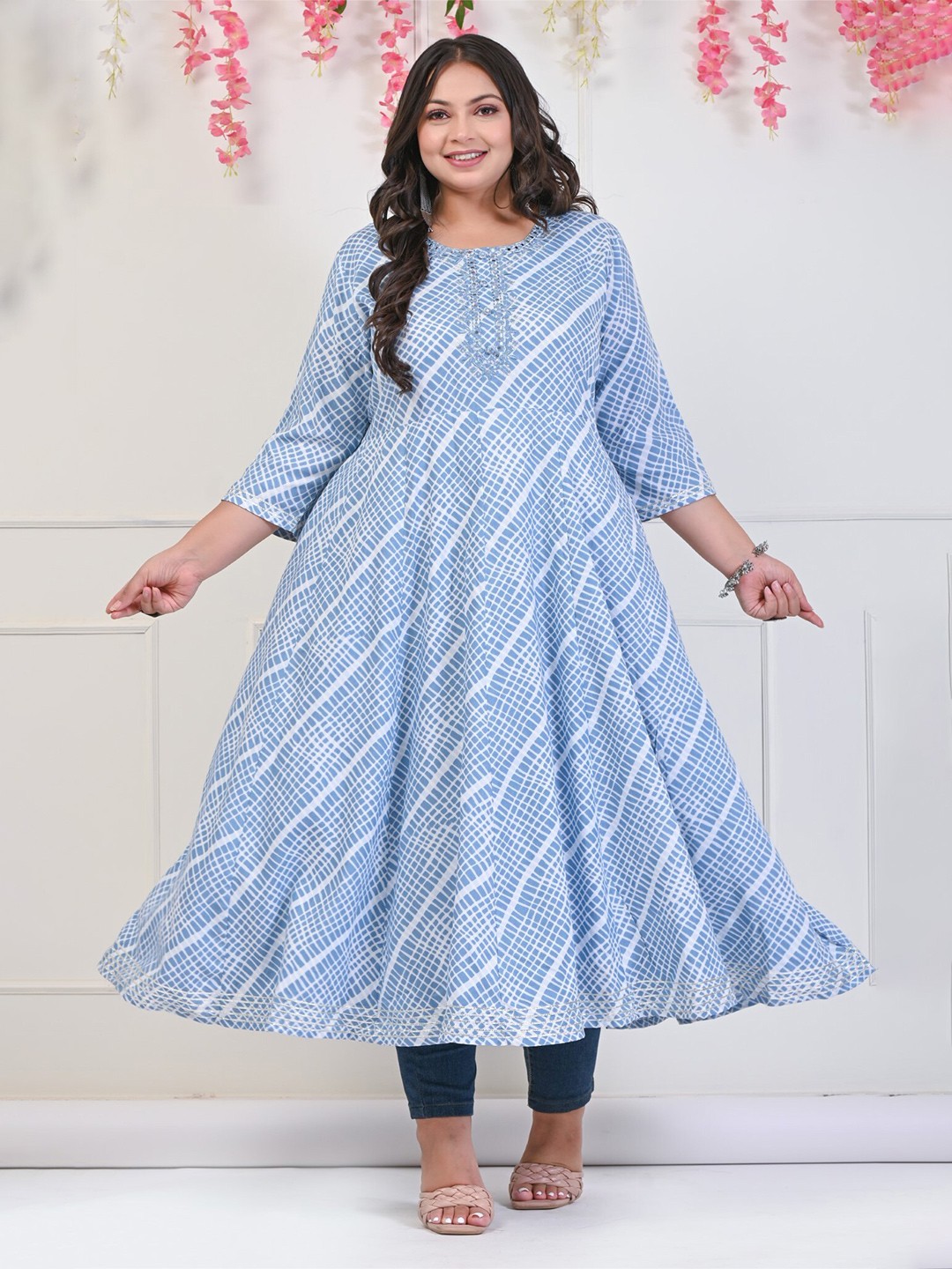 

Swasti Checked Embroidered Fit & Flare Ethnic Dress, Blue