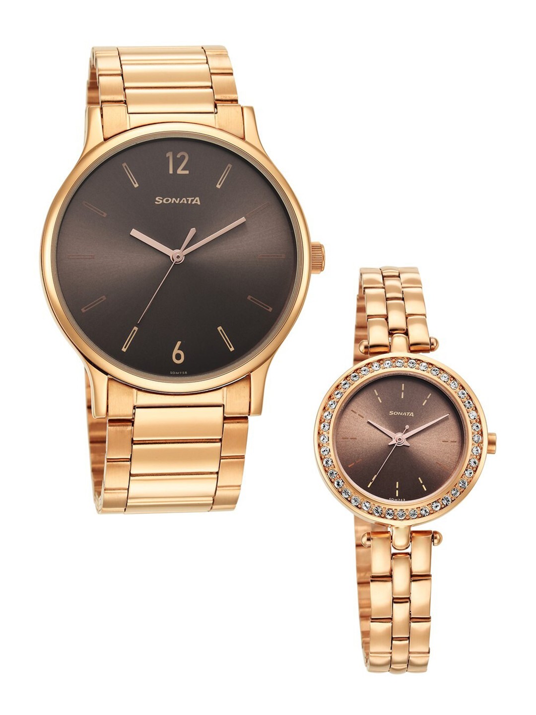 

Sonata Brass Dial & Stainless Steel Straps Couple Analogue Watch 7710587041WM01, Brown