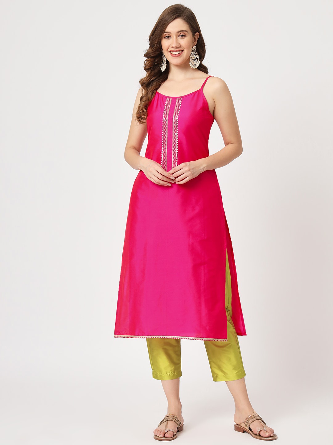 

Pannkh Embroidered Art Silk Straight Kurta With Trousers, Pink