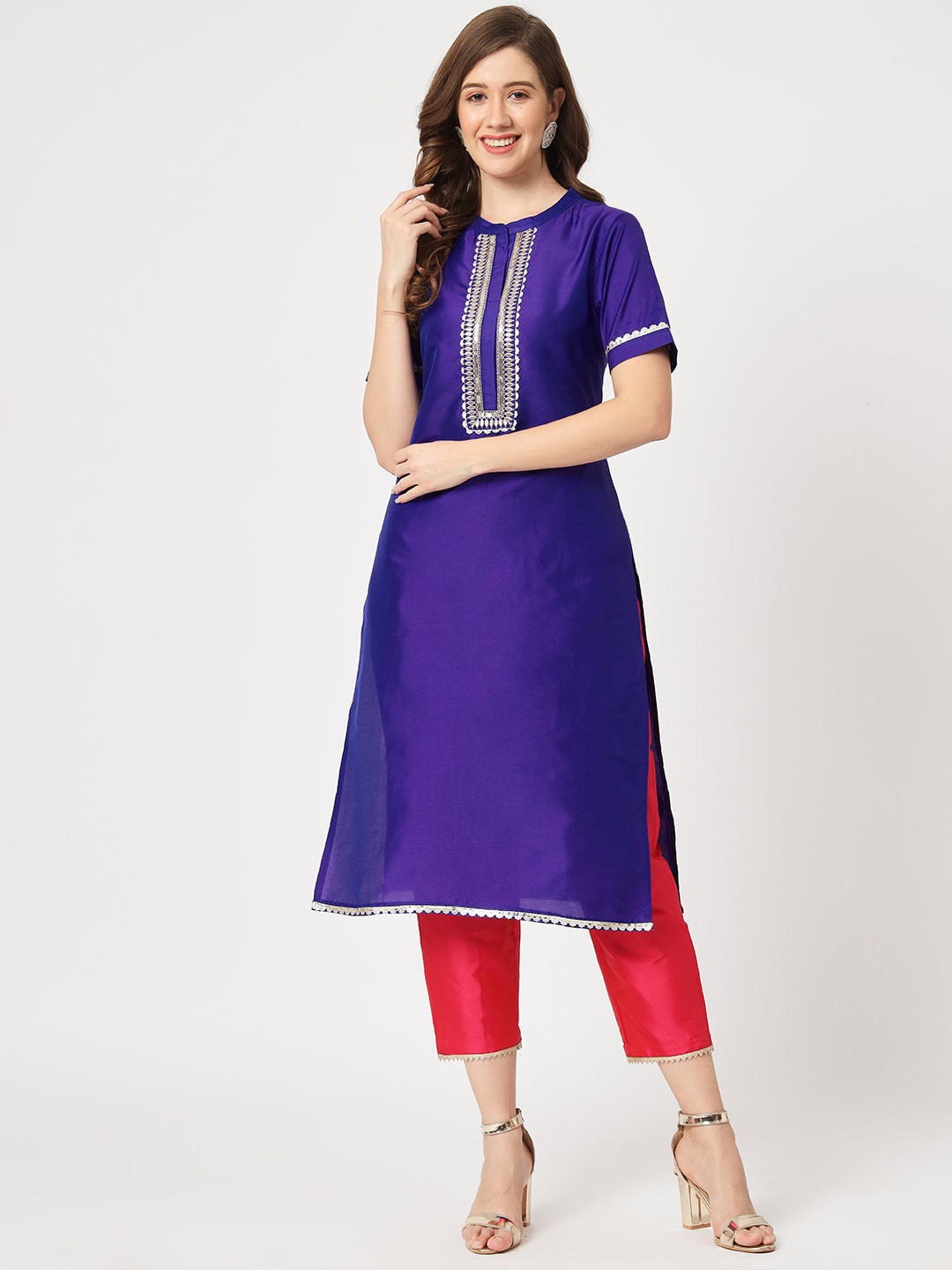 

Pannkh Ethnic Motifs Yoke Design Thread Work Art Silk Straight Kurta With Trousers, Blue