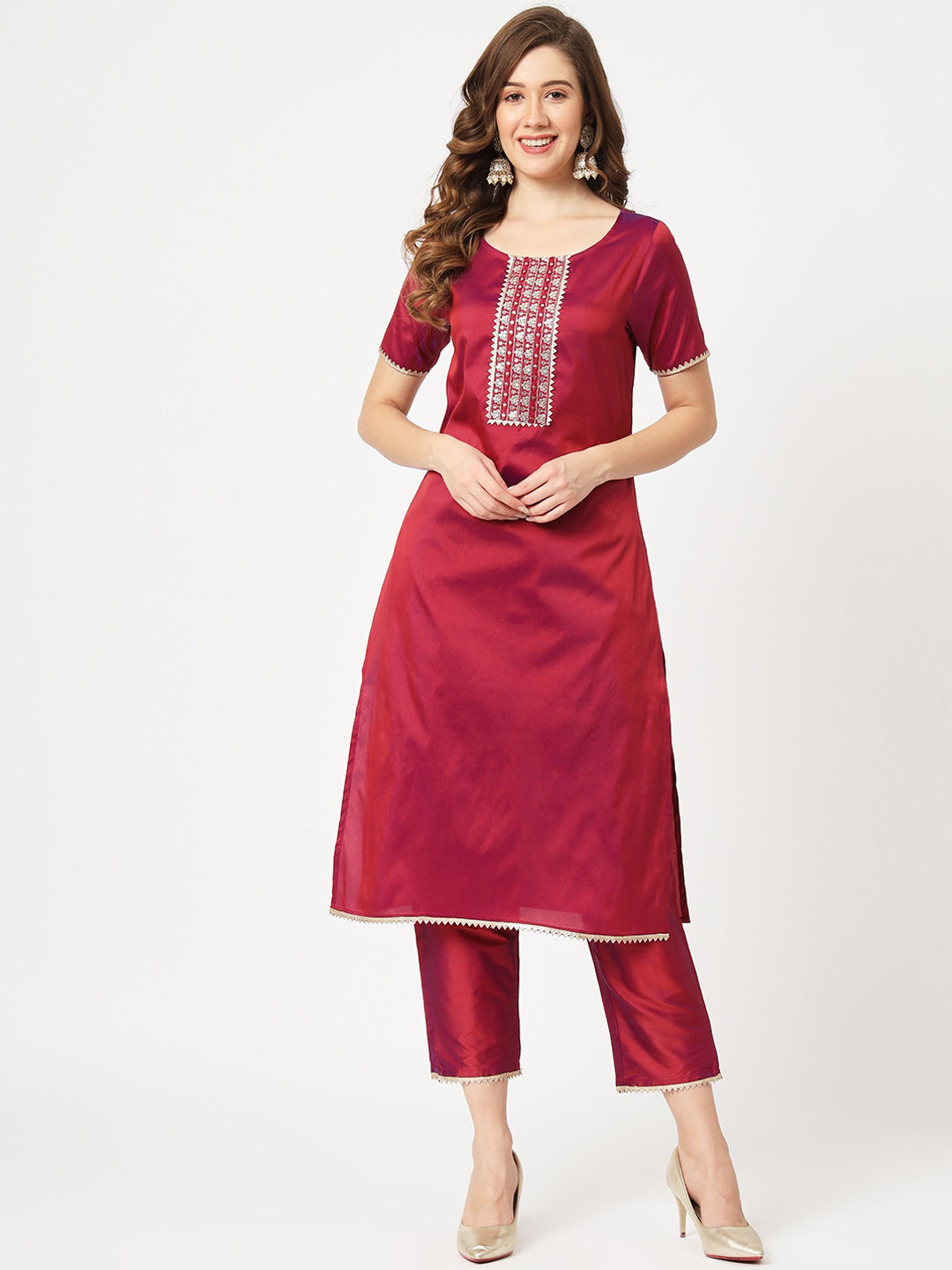 

Pannkh Embroidered Art Silk Straight Kurta With Trousers, Maroon