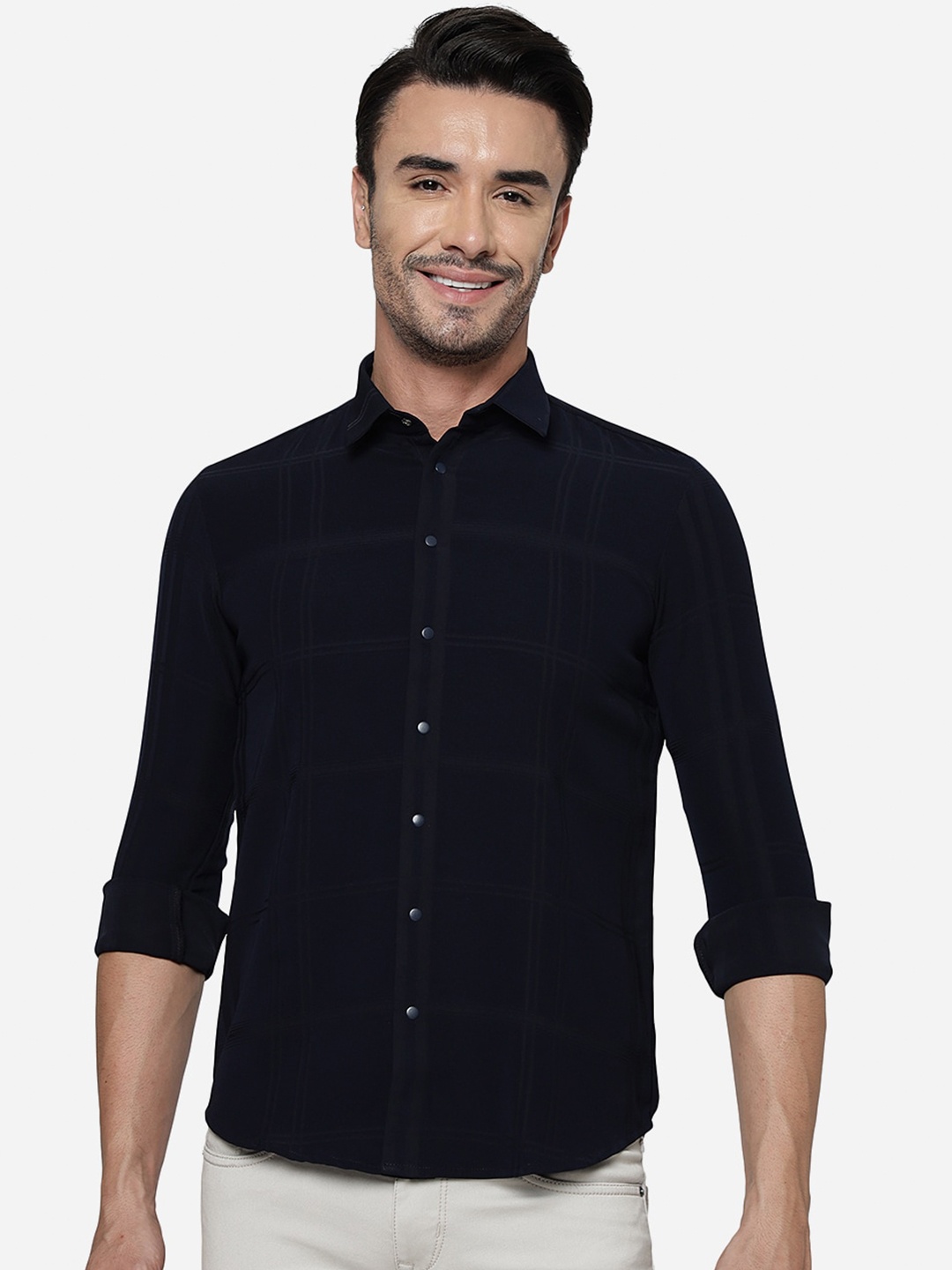 

JB STUDIO Slim Fit Spread Collar Checked Cotton Shirt, Blue