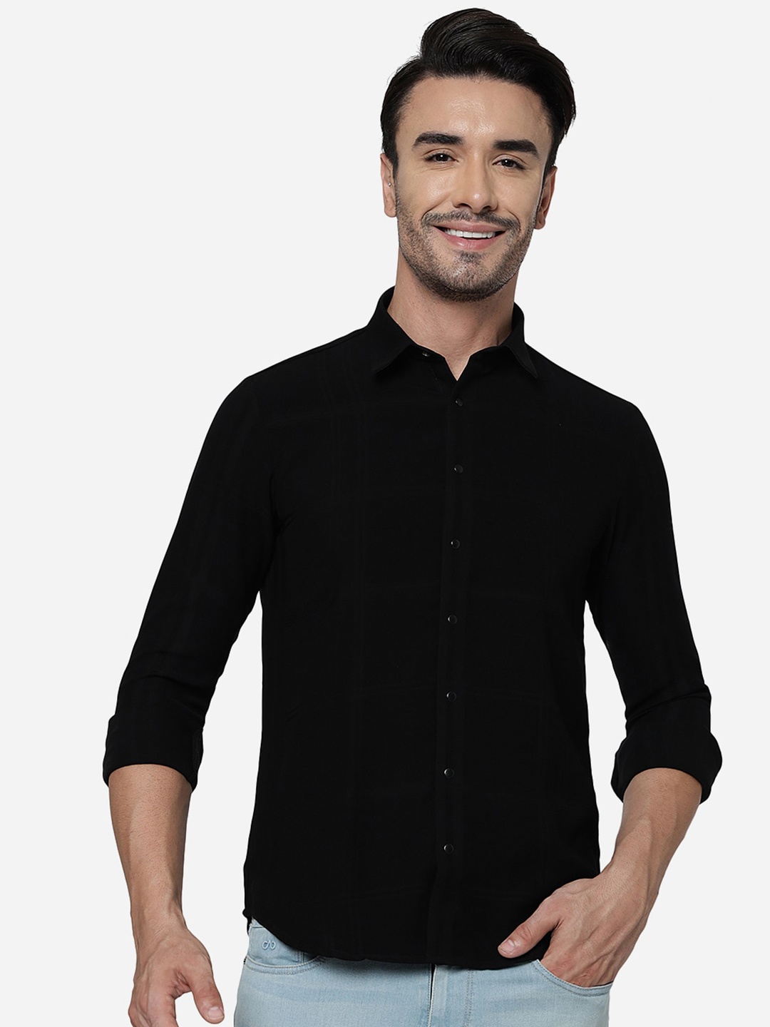 

JB STUDIO Slim Fit Spread Collar Pure Cotton Shirt, Black