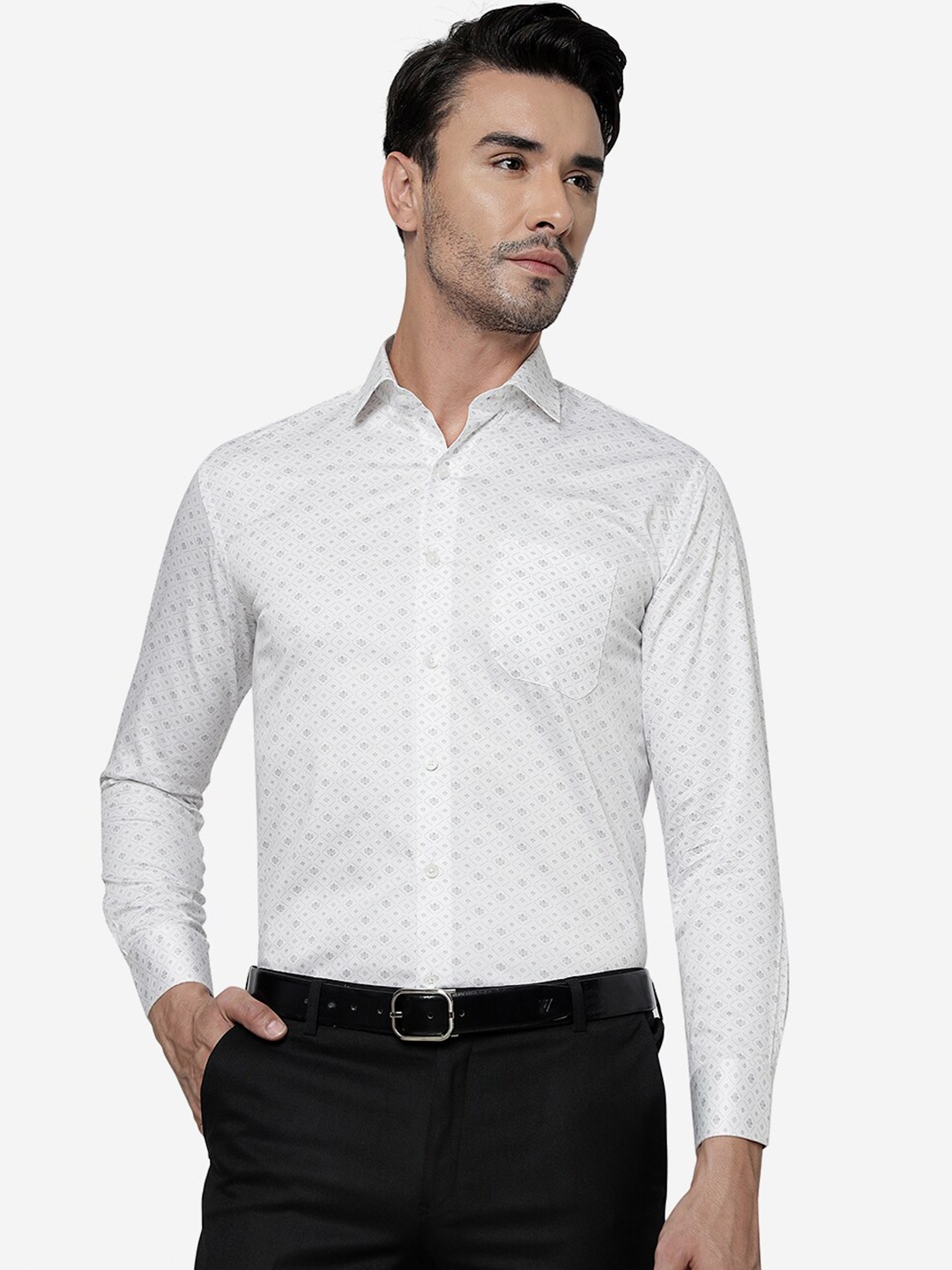 

JADE BLUE Slim Fit Geometric Printed Casual Pure Cotton Formal Shirt, White