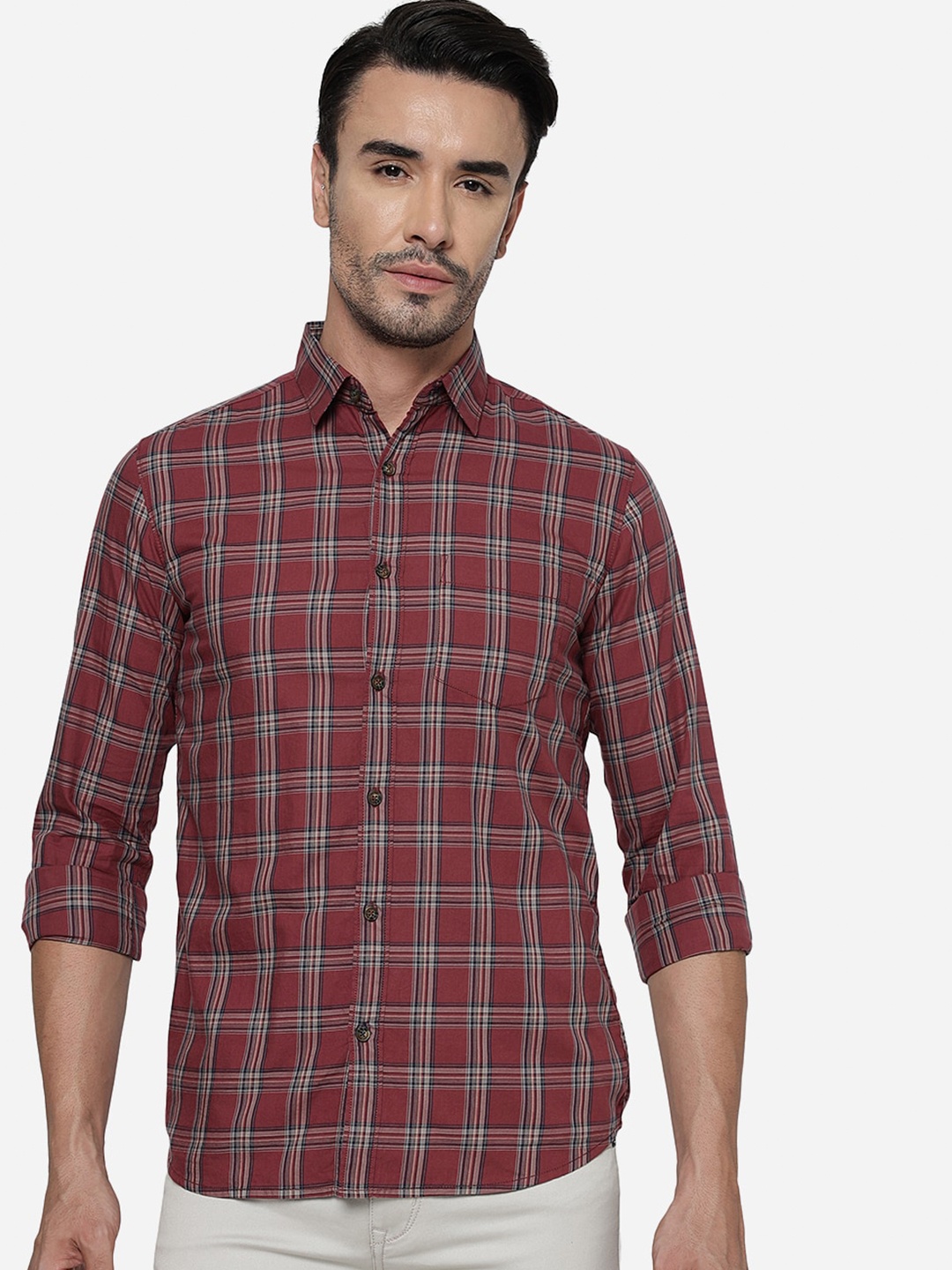 

JADE BLUE Slim Fit Tartan Checked Casual Cotton Shirt, Maroon