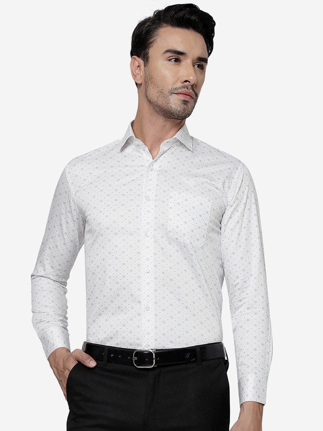 

JADE BLUE Slim Fit Geometric Printed Casual Pure Cotton Formal Shirt, White