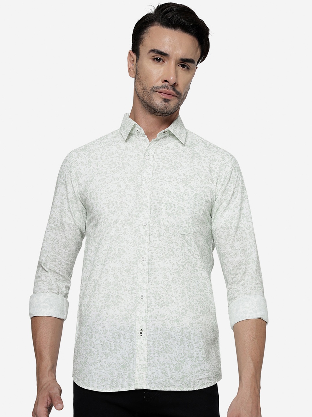 

JADE BLUE Slim Fit Floral Printed Casual Pure Cotton Shirt, Green