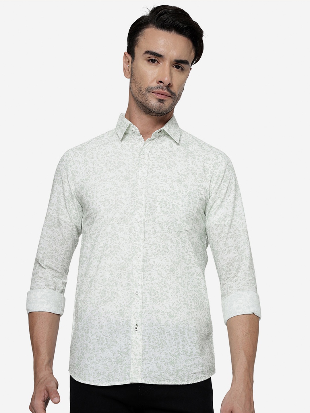 

JADE BLUE Slim Fit Floral Printed Casual Pure Cotton Shirt, Green