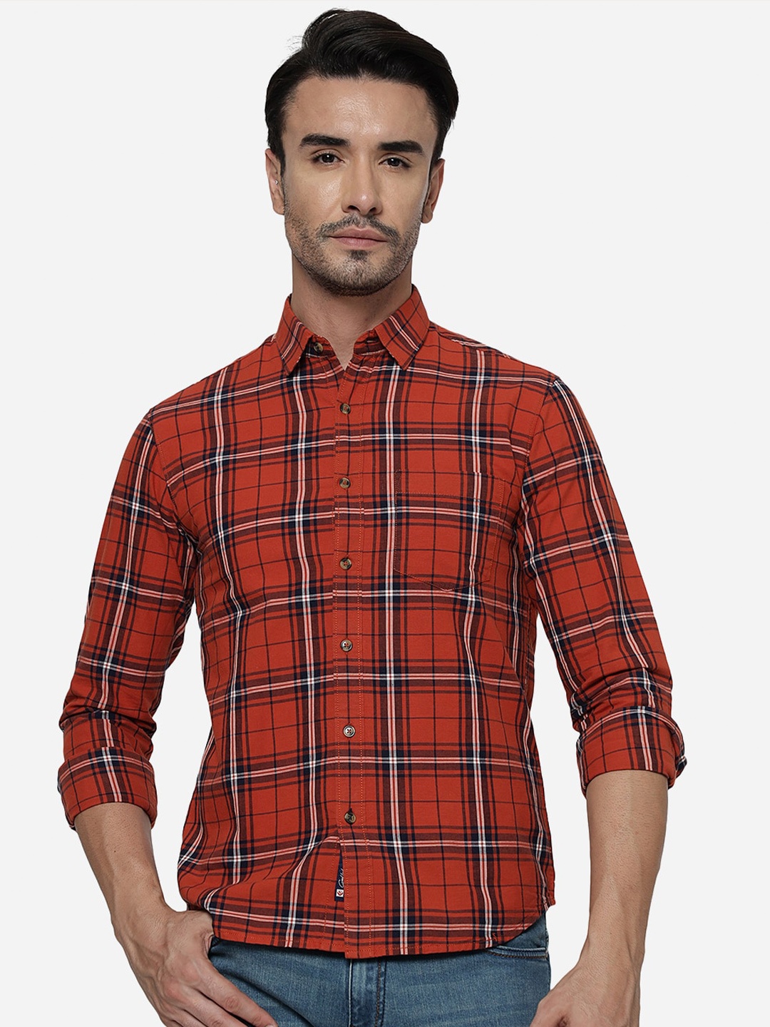 

Greenfibre Slim Fit Tartan Checked Pure Cotton Casual Shirt, Orange