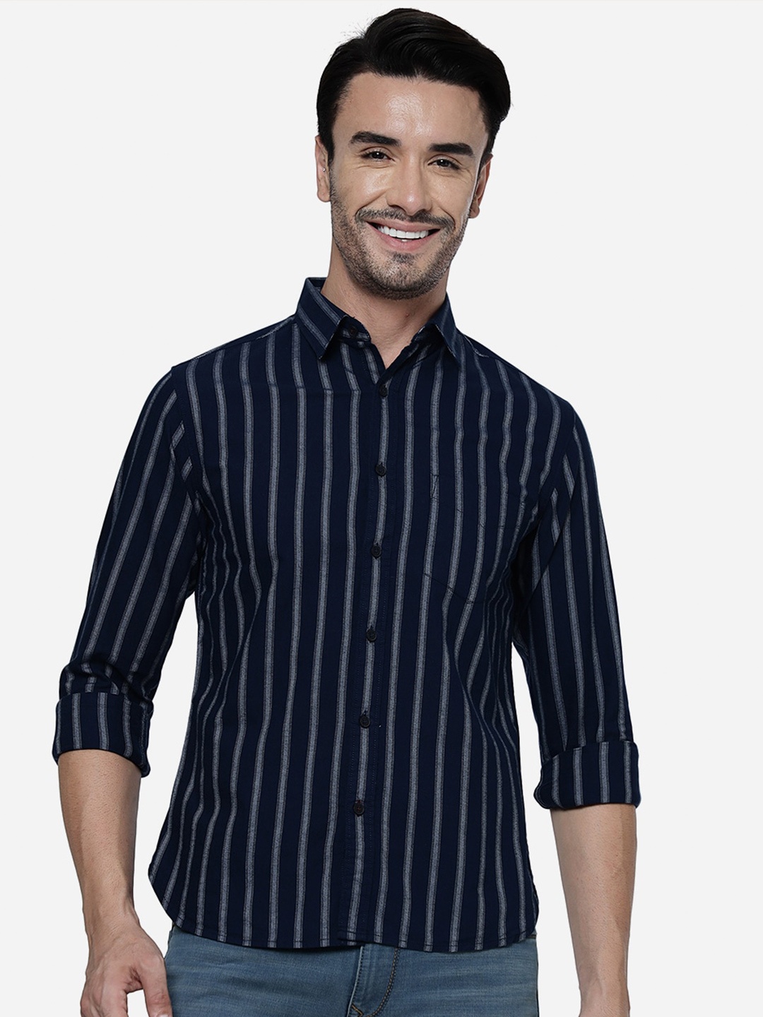 

Greenfibre Slim Fit Vertical Striped Pure Cotton Casual Shirt, Navy blue