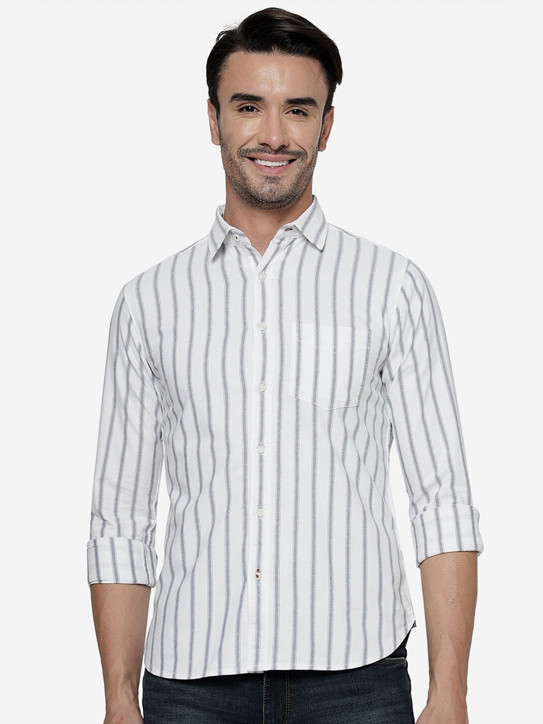 

Greenfibre Slim Fit Vertical Striped Pure Cotton Casual Shirt, White