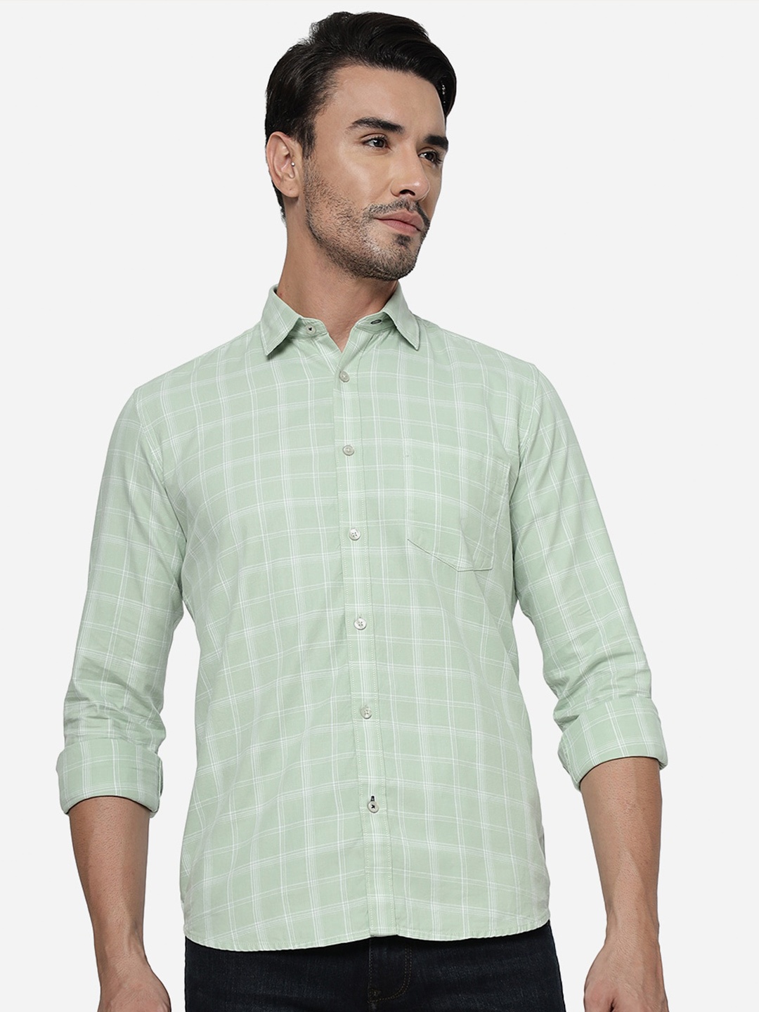 

Greenfibre Spread Collar Checked Casual Pure Cotton Shirt, Green