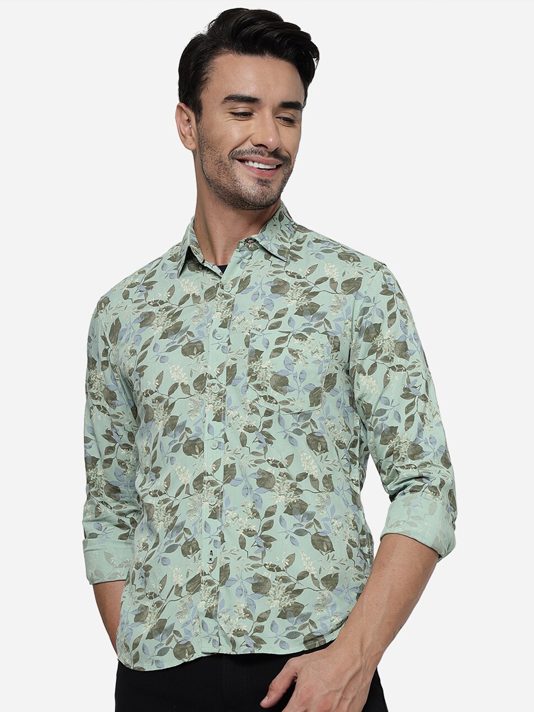 

Greenfibre Slim Fit Floral Printed Pure Cotton Casual Shirt, Green