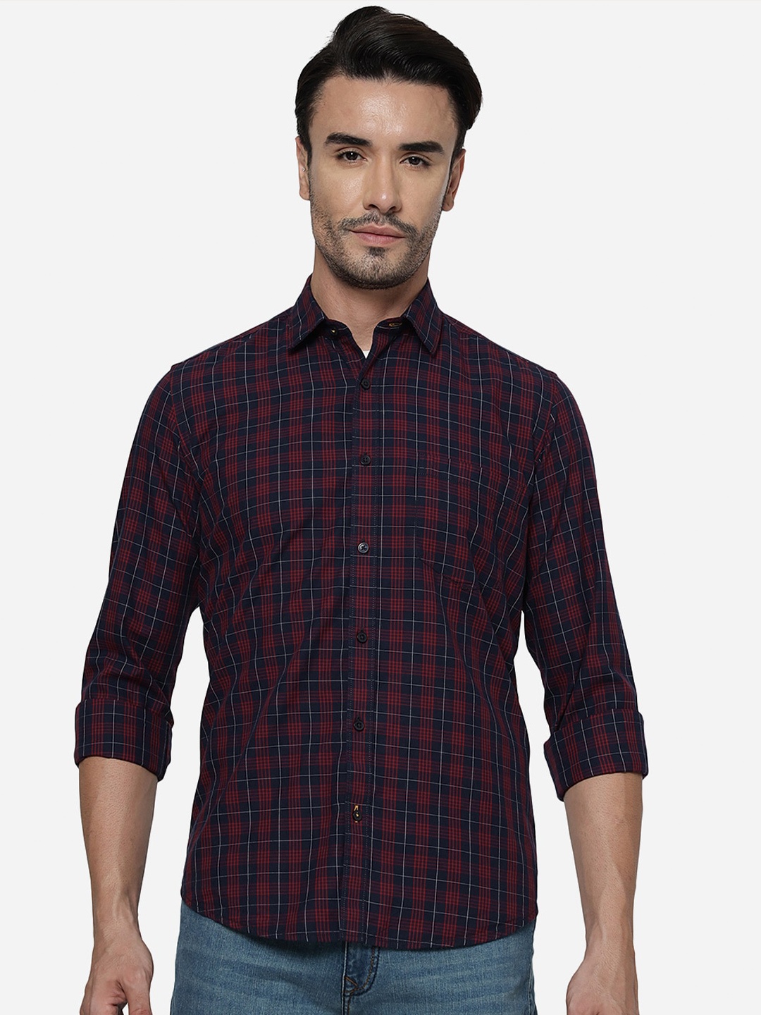 

Greenfibre Spread Collar Checked Casual Pure Cotton Shirt, Maroon