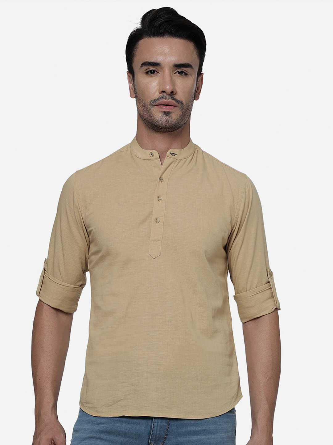 

Greenfibre Slim Fit Mandarin Collar Pure Cotton Casual Shirt, Khaki