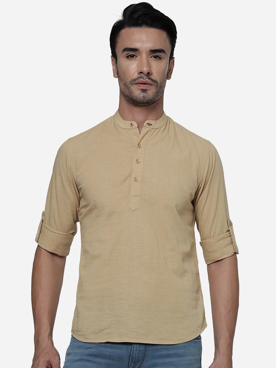 

Greenfibre Slim Fit Mandarin Collar Pure Cotton Casual Shirt, Khaki