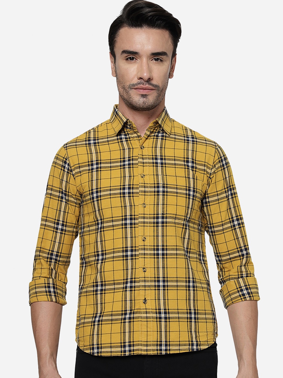 

Greenfibre Slim Fit Tartan Checked Pure Cotton Casual Shirt, Yellow