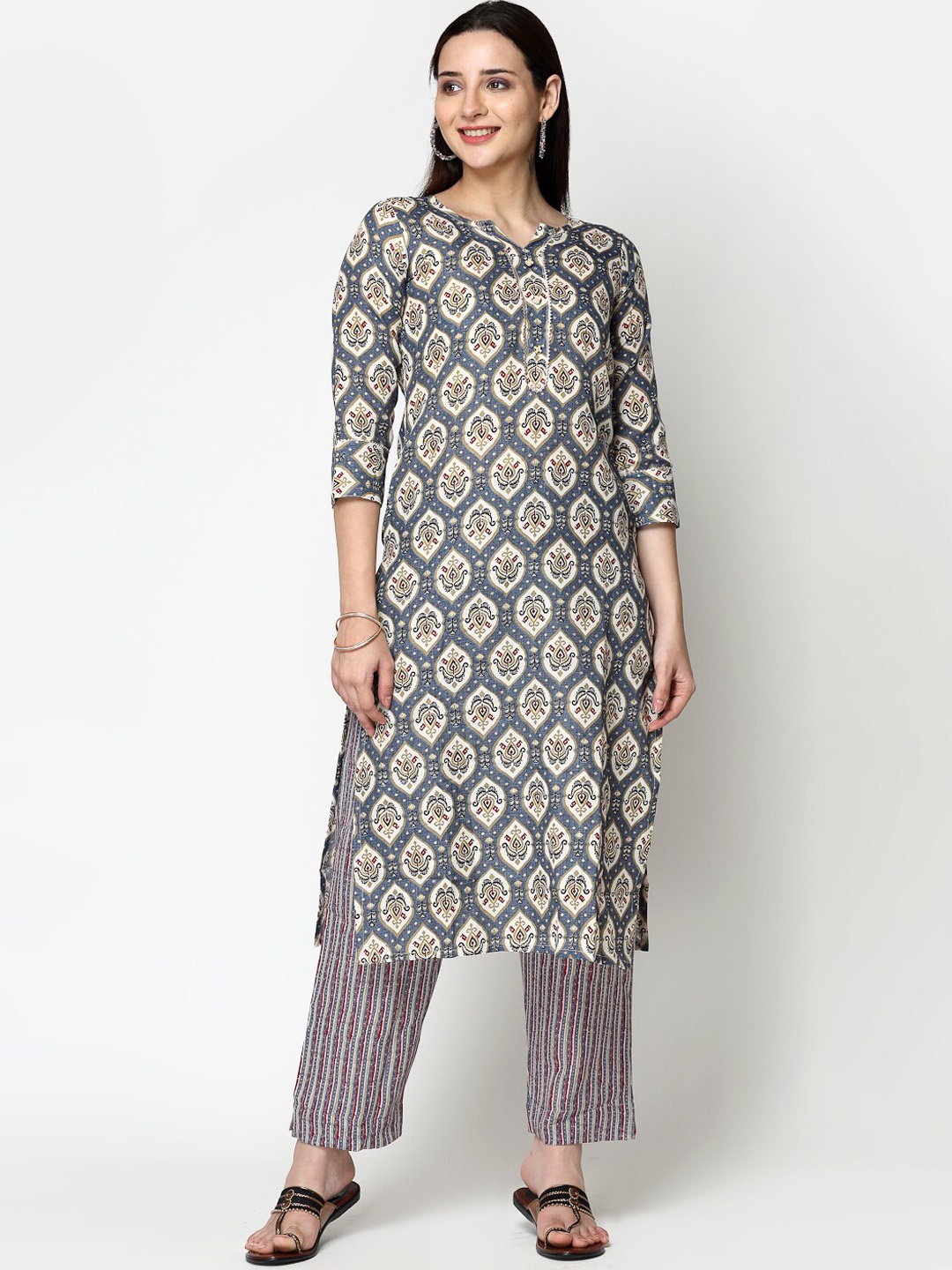 

KALINI Ethnic Motifs Printed Gotta Patti Pure Cotton Kurta with Trousers, Blue