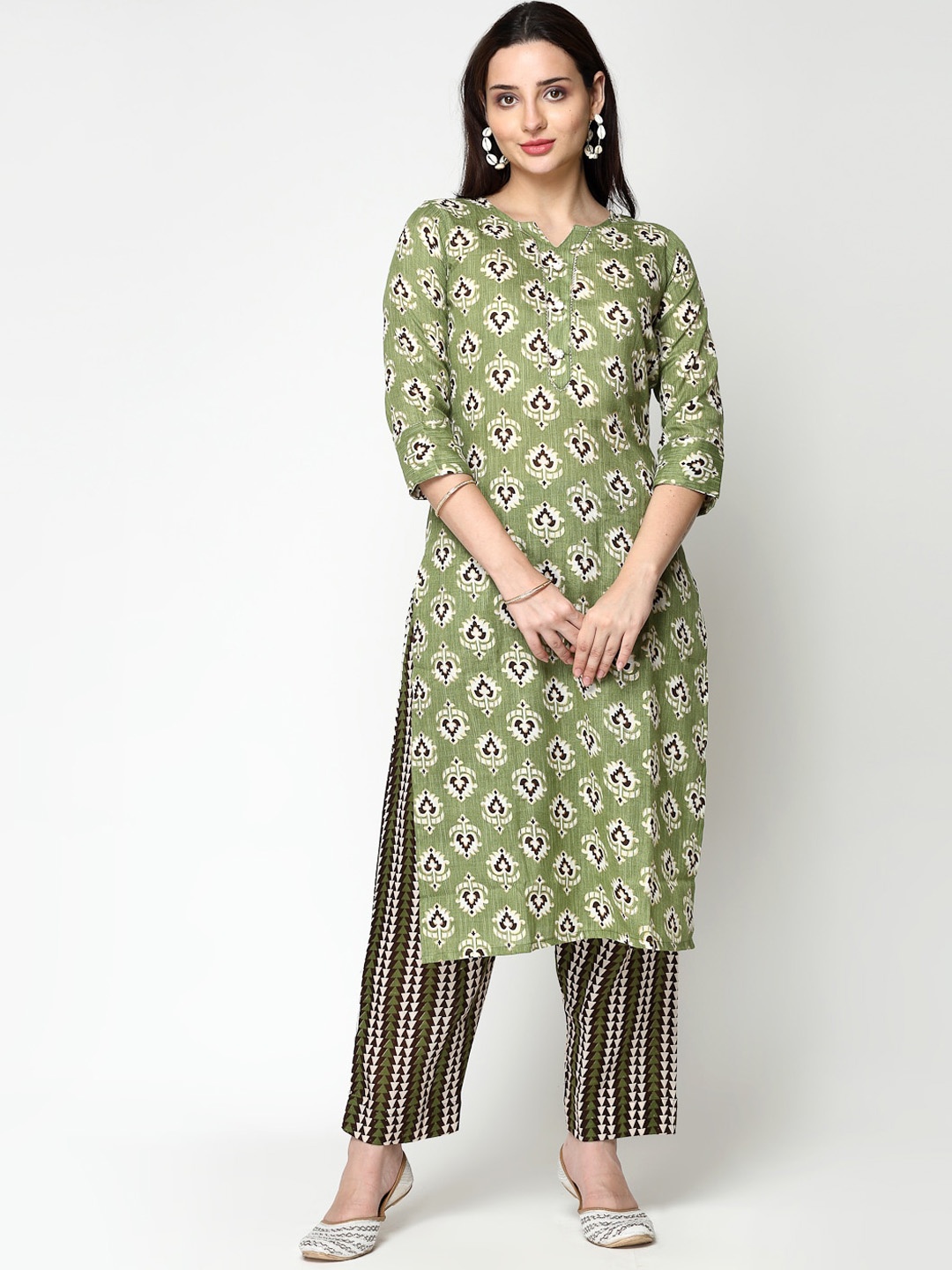 

KALINI Ethnic Motifs Printed Regular Pure Cotton Kurta with Trousers, Green