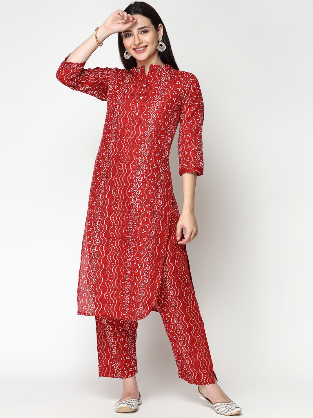 

KALINI Ethnic Motifs Printed Pure Cotton Kurta with Trousers, Red