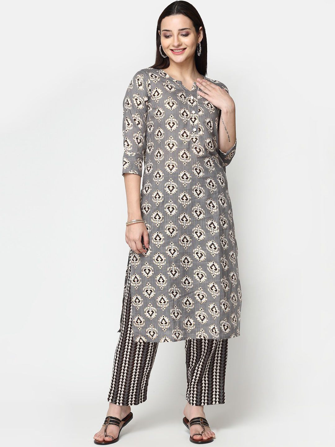 

KALINI Ethnic Motifs Printed Regular Pure Cotton Kurta with Trousers, Grey
