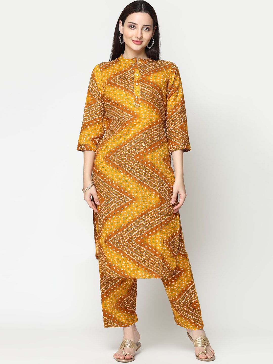 

KALINI Mustard Yellow & White Bandhani Printed Pure Cotton Kurta with Trousers