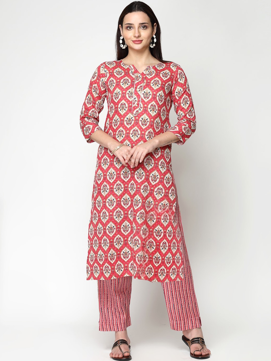 

KALINI Ethnic Motifs Printed Regular Pure Cotton Kurta With Trousers, Peach