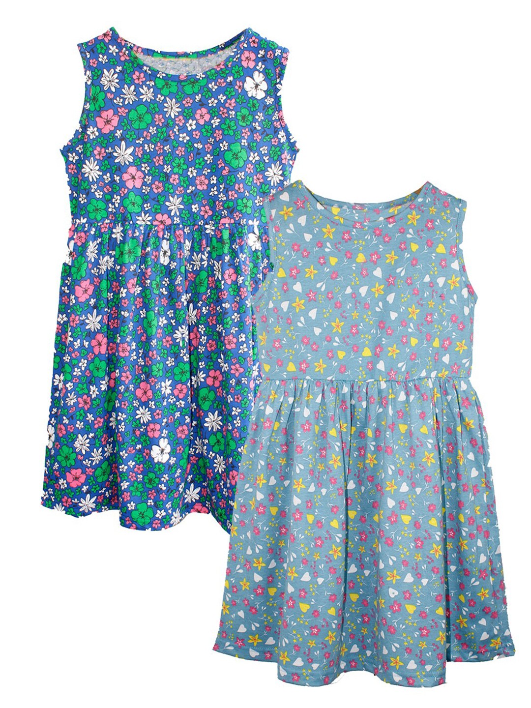 

KiddoPanti Girls Pack Of 2 Floral Printed Pure Cotton Fit & Flare Dress, Blue
