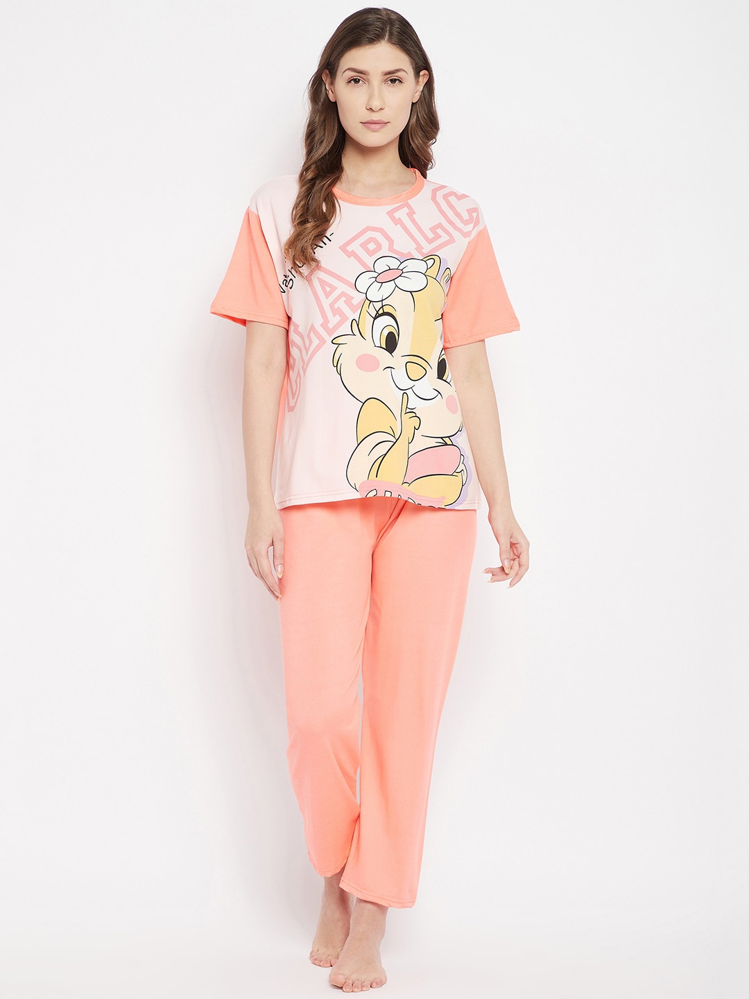 

Camey Graphic Printed T-shirt With Pyjama & With Shorts Night Suit, Peach