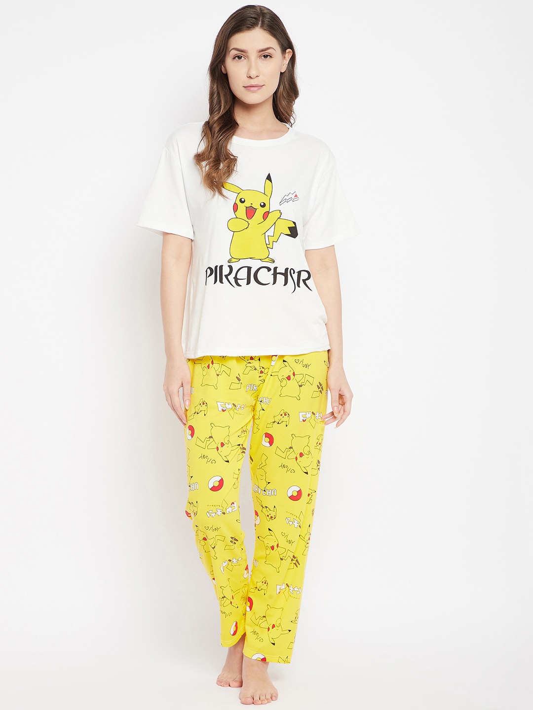 

Camey Pokey Man Printed T-shirt With Pyjama & With Shorts Suit, Yellow