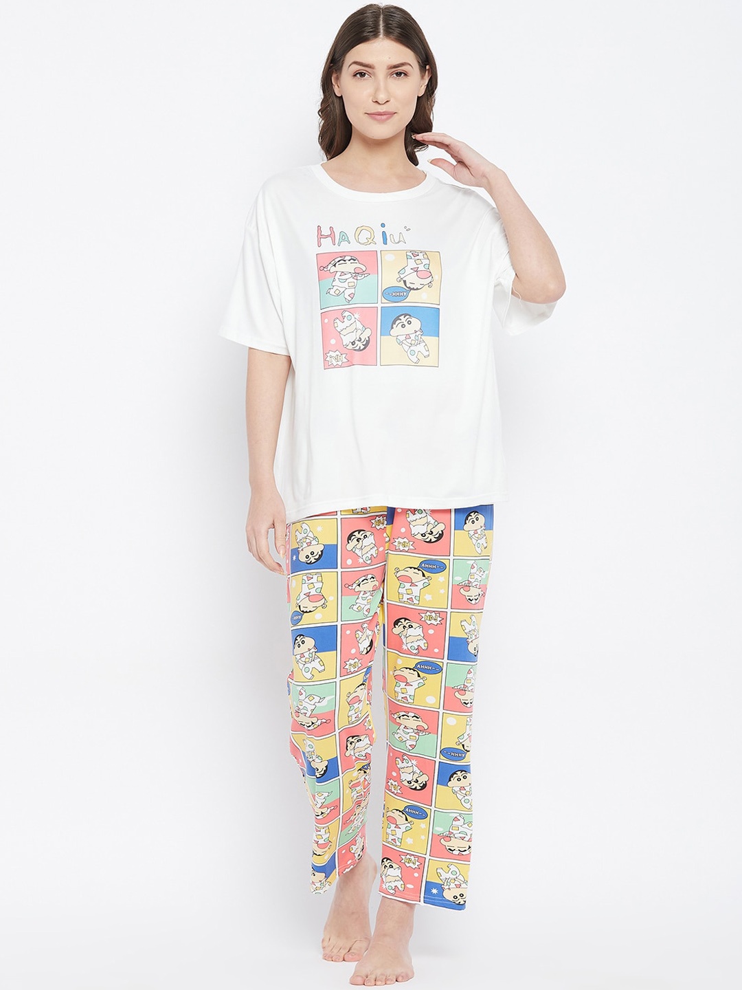 

Camey 3-Pcs Shin-Chan Printed T-shirt With Pyjama & With Shorts Suit, White