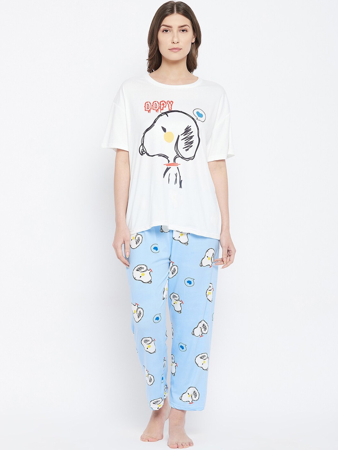 

Camey Peanuts Printed T-shirt With Pyjama & With Shorts Suit, White