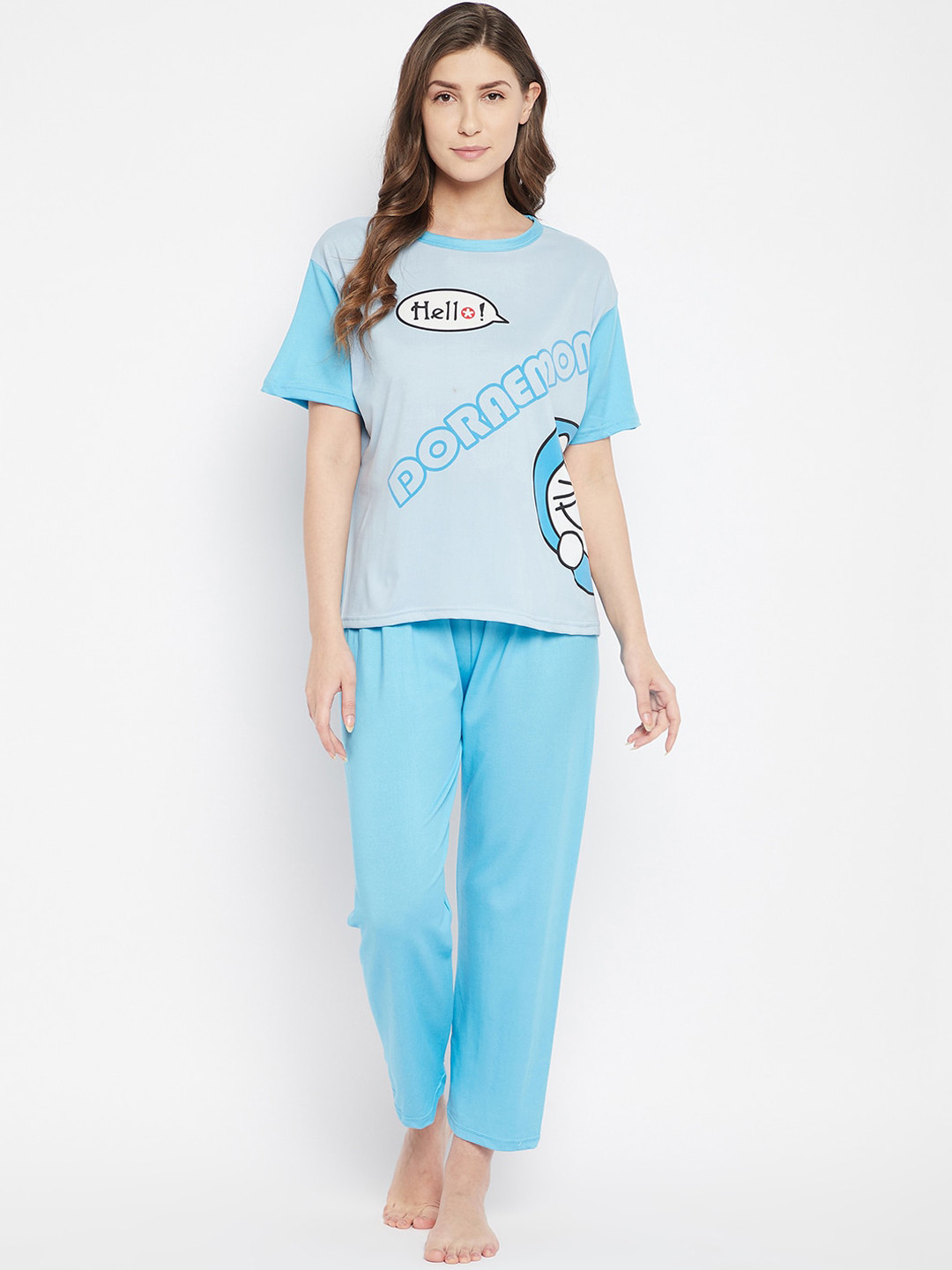 

Camey 3-Pcs Doraemon Printed T-shirt With Pyjama & With Shorts Suit, Blue