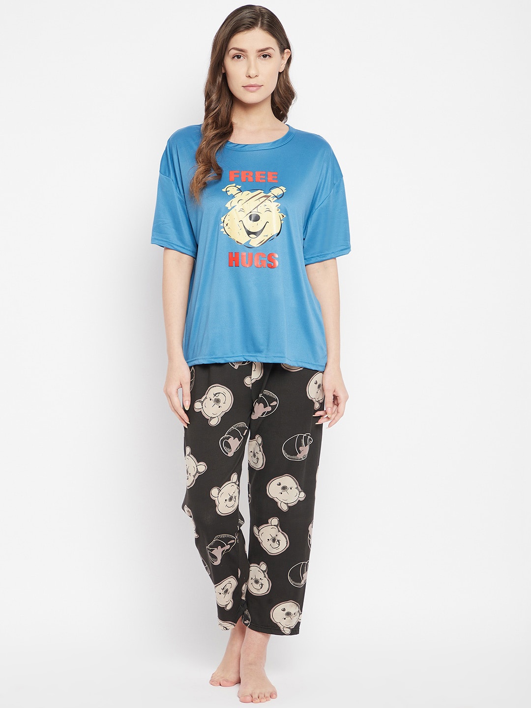 

Camey Graphic Printed T-shirt With Pyjama & With Shorts Suit, Blue