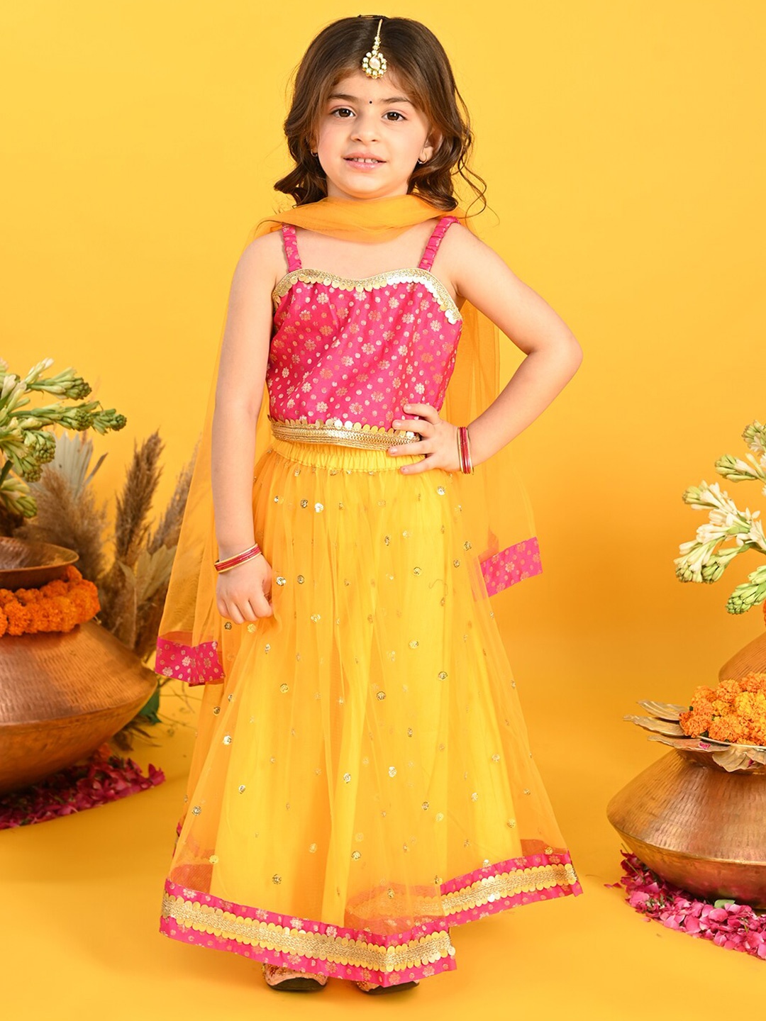 

SAKA DESIGNS Girls Sequinned Embellished Ready to Wear Lehenga & Blouse With Dupatta, Orange