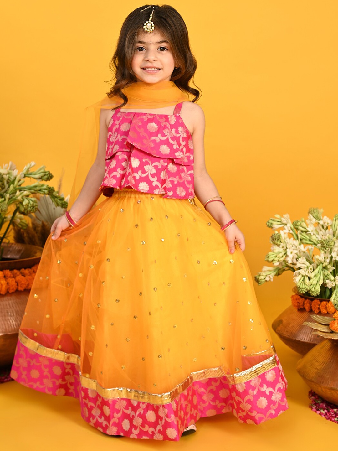 

SAKA DESIGNS Girls Woven Design jaquard Ready to Wear Lehenga & Blouse With Dupatta, Orange