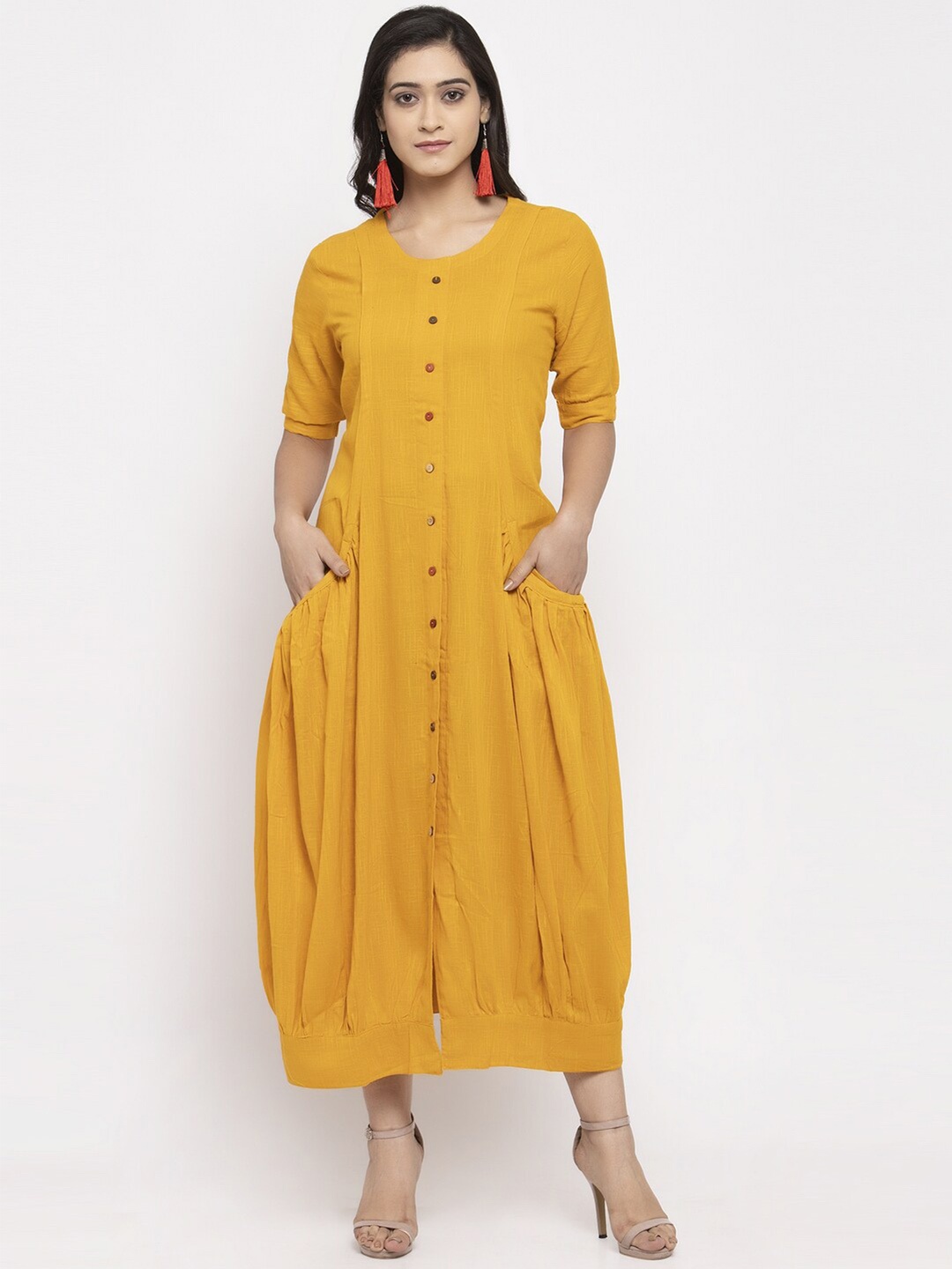 

Stylespace by Isha Round Neck Cotton A Line Midi Dress, Yellow