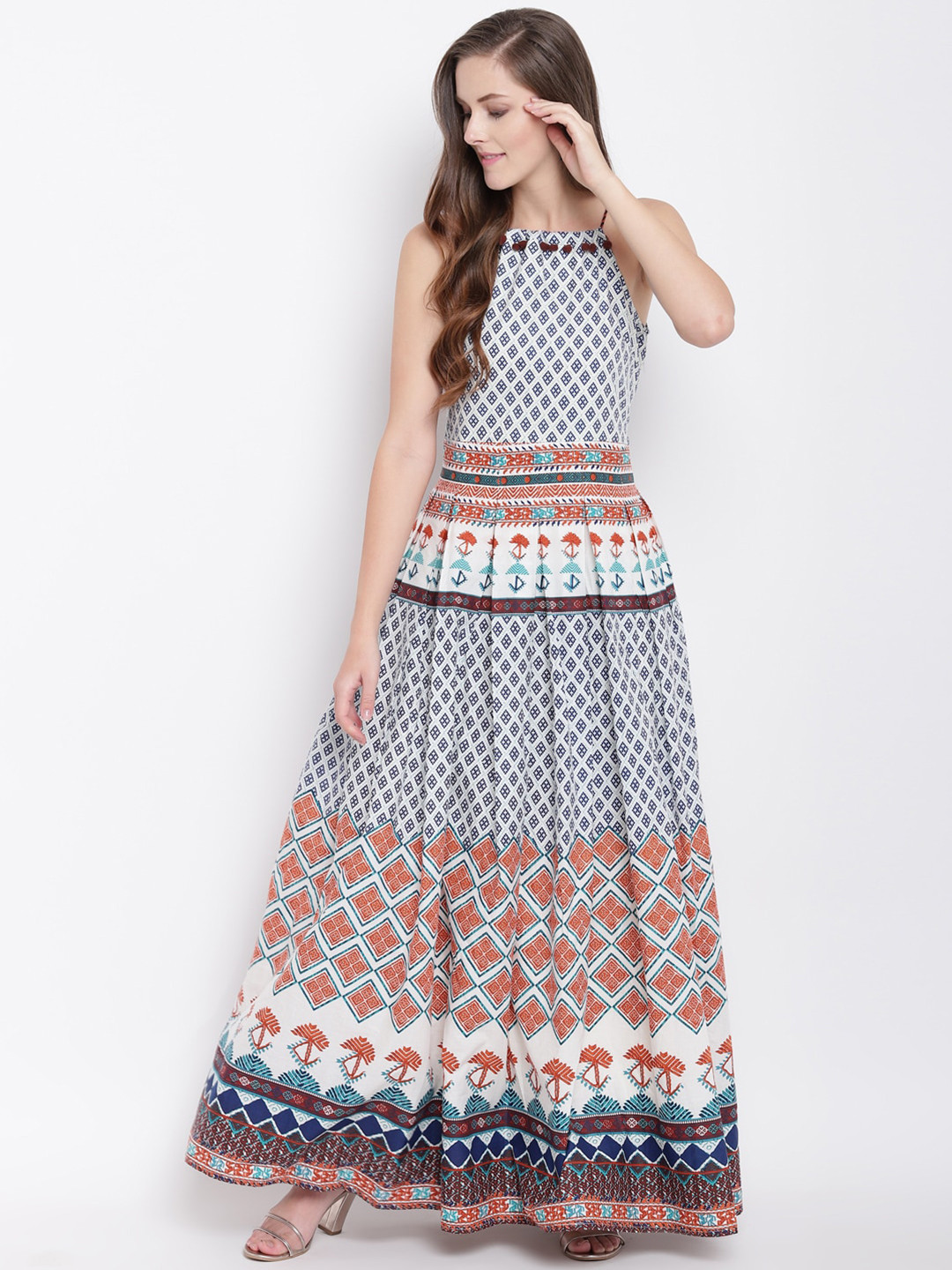

Stylespace by Isha Geometric Printed Pom Pom & Pleated Cotton Fit & Flare Dress, White