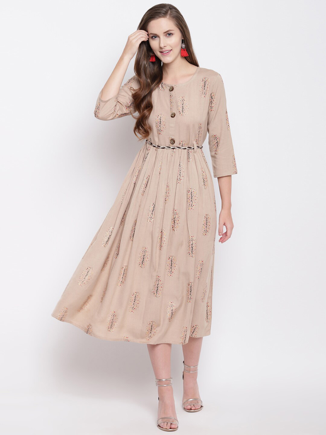 

Stylespace by Isha Ethnic Motifs Printed Tie Up Cotton Fit & Flare Ethnic Dress, Beige