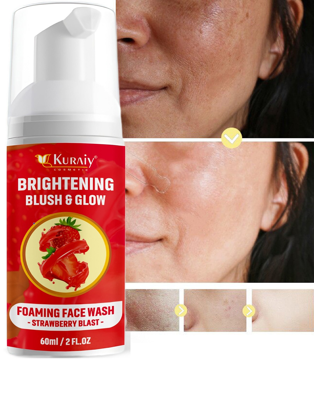 

KURAIY Brightening Blush & Glow Deep Exfoliation Foam Face Wash-60 ml-Strawberry Blast, Red