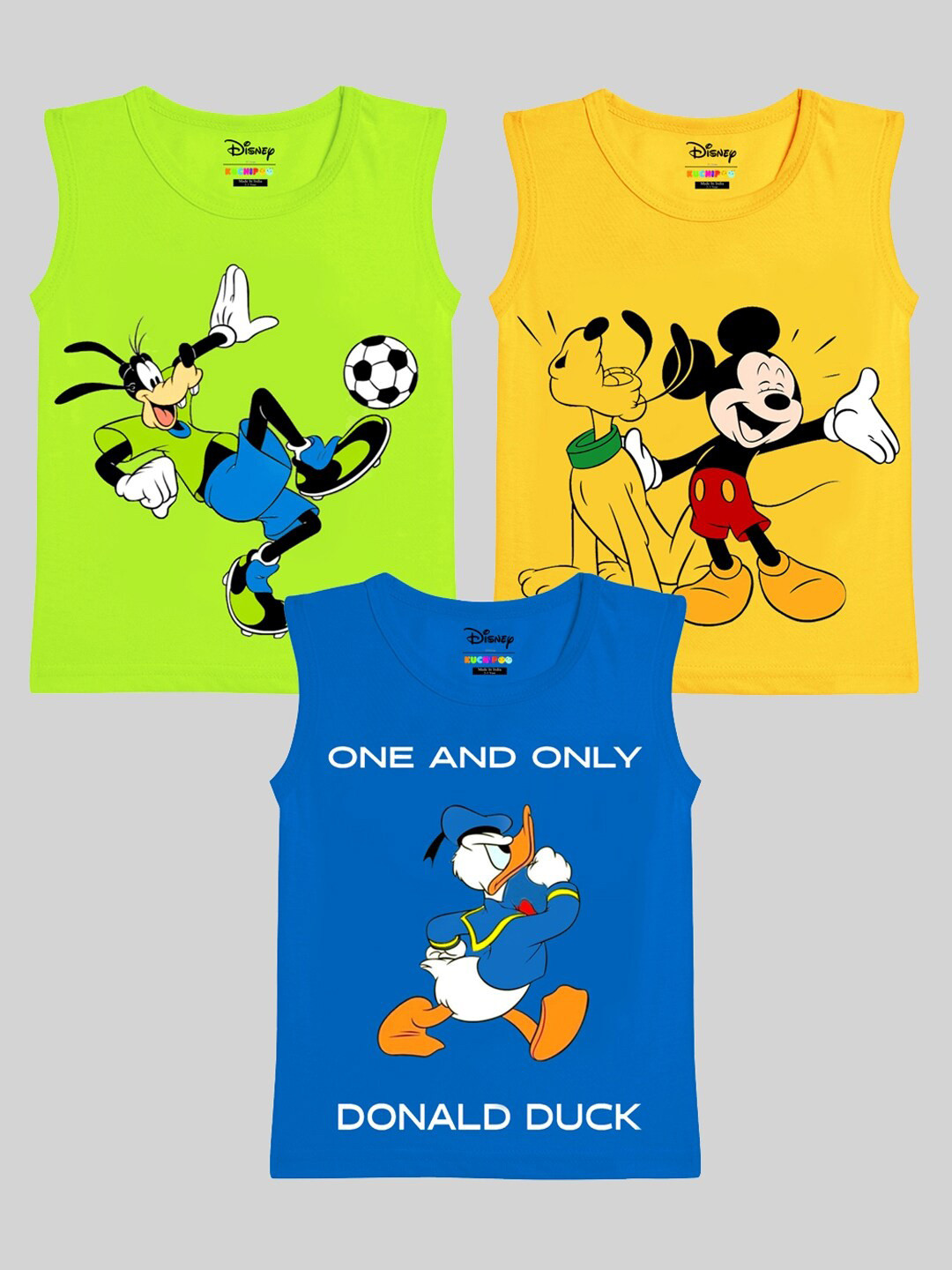 

KUCHIPOO Boys Pack Of 3 Mickey & Friends Printed Sleeveless T-shirt, Green
