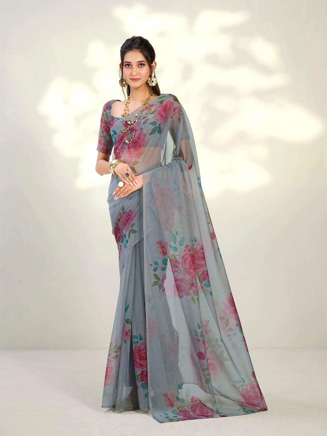 

Sangria Grey Floral Printed Organza Saree