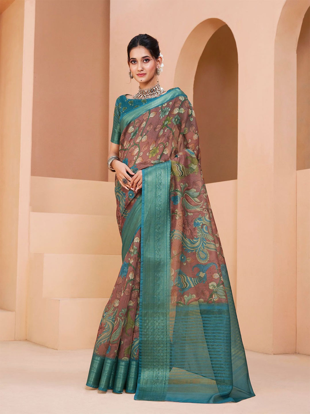 

Sangria Brown & Teal Floral Printed Zari Saree
