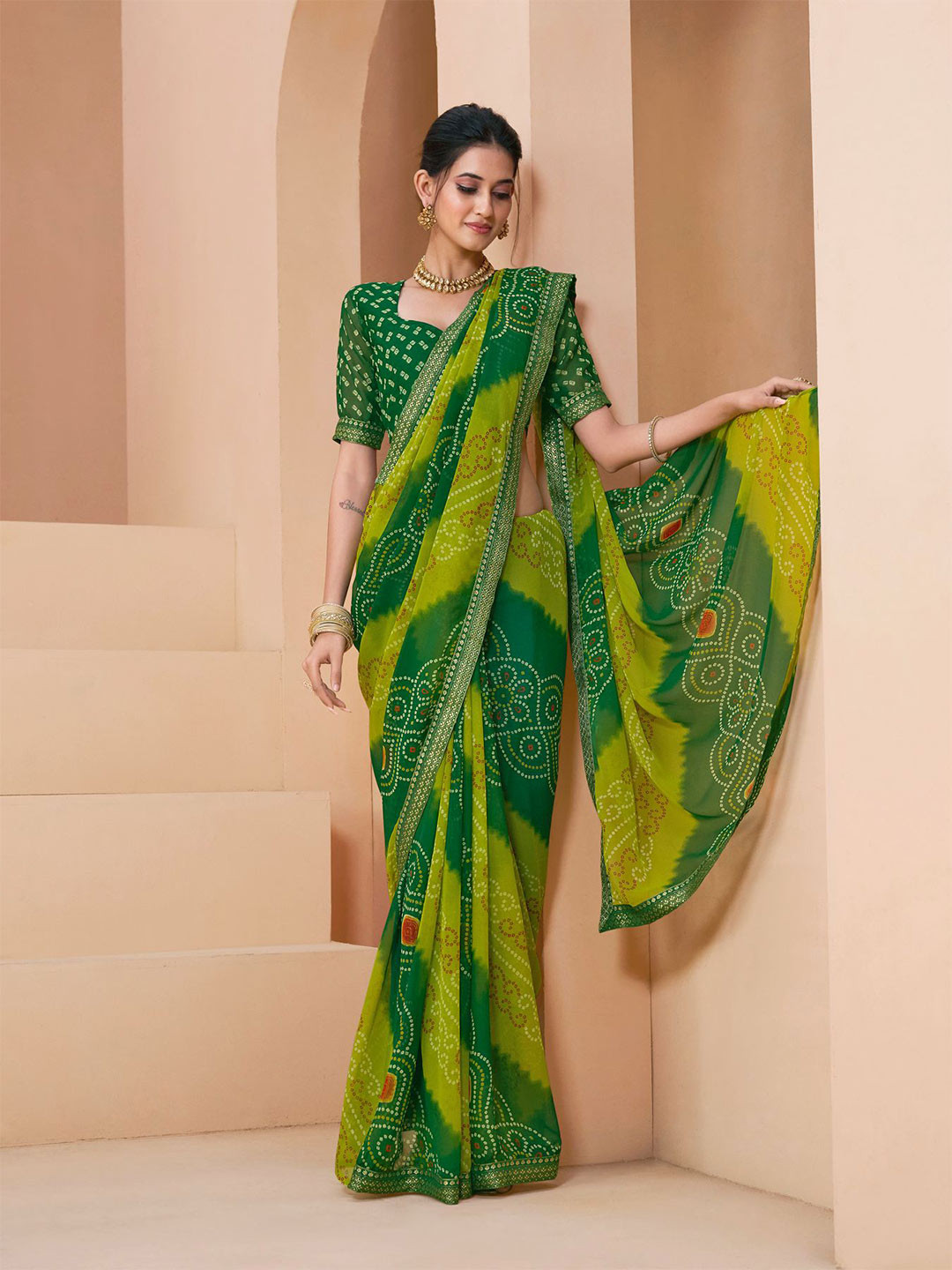 

Sangria Green Printed Pure Chiffon Bandhani Saree