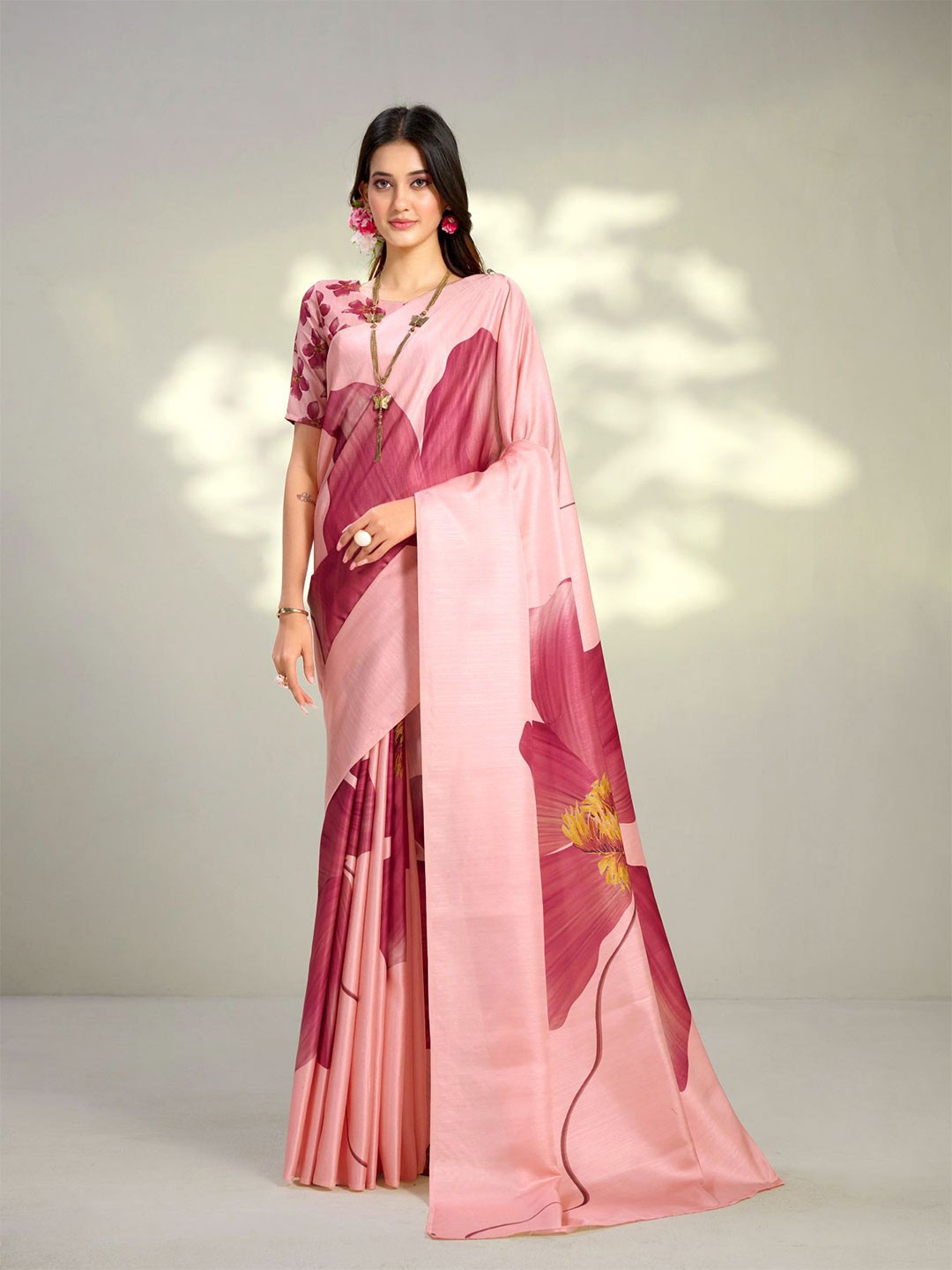 

Sangria Pink Floral Printed Festive Saree